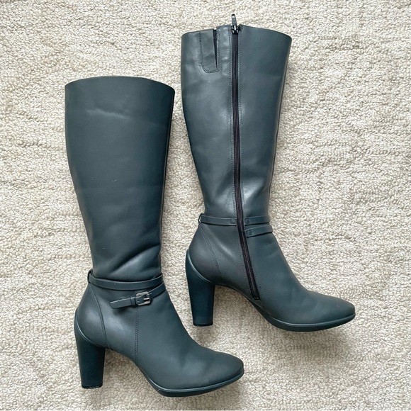 ECCO Tall Gray Leather Heeled Boots Ankle Strap Side Zip | EU 39 US 8.5 - Picture 2 of 11
